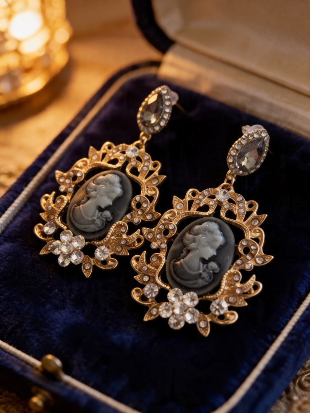 Vintage Gold Filigree Cameo Drop Earrings in Black and Gray